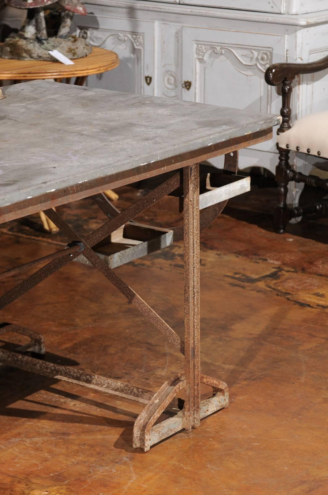 French 1890s Industrial Iron and Zinc Work Table with Shelves and Task Light 1