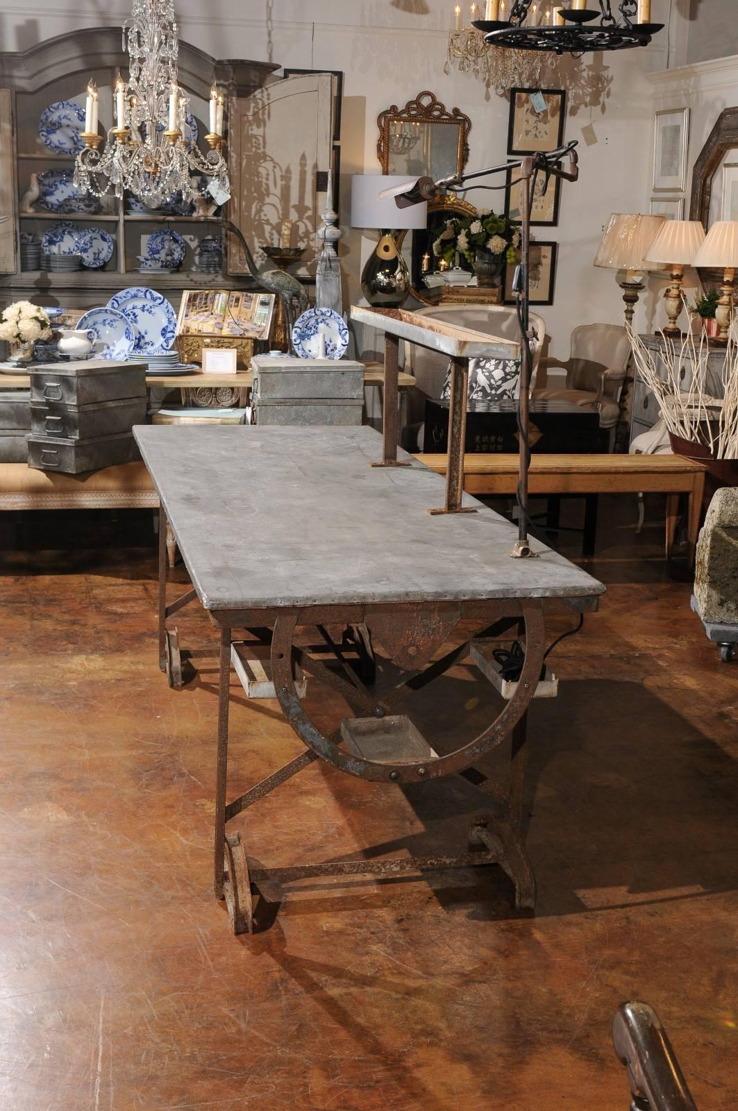 French 1890s Industrial Iron and Zinc Work Table with Shelves and Task Light 2