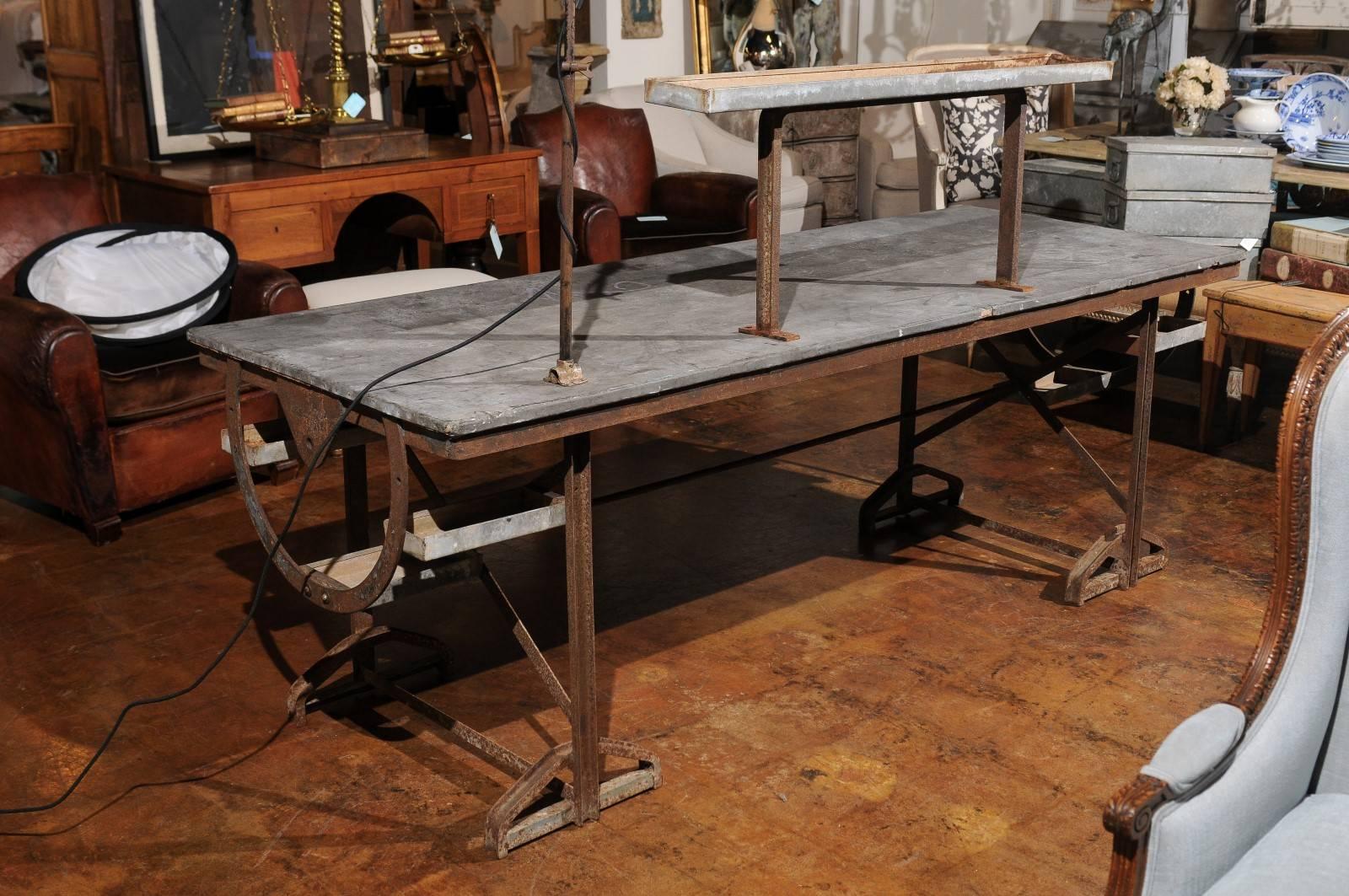 French 1890s Industrial Iron and Zinc Work Table with Shelves and Task Light 4