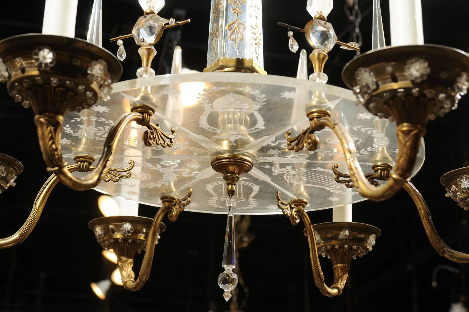 20th Century French Hollywood Regency Bronze and Lucite Six-Light Chandelier, Baguès Style