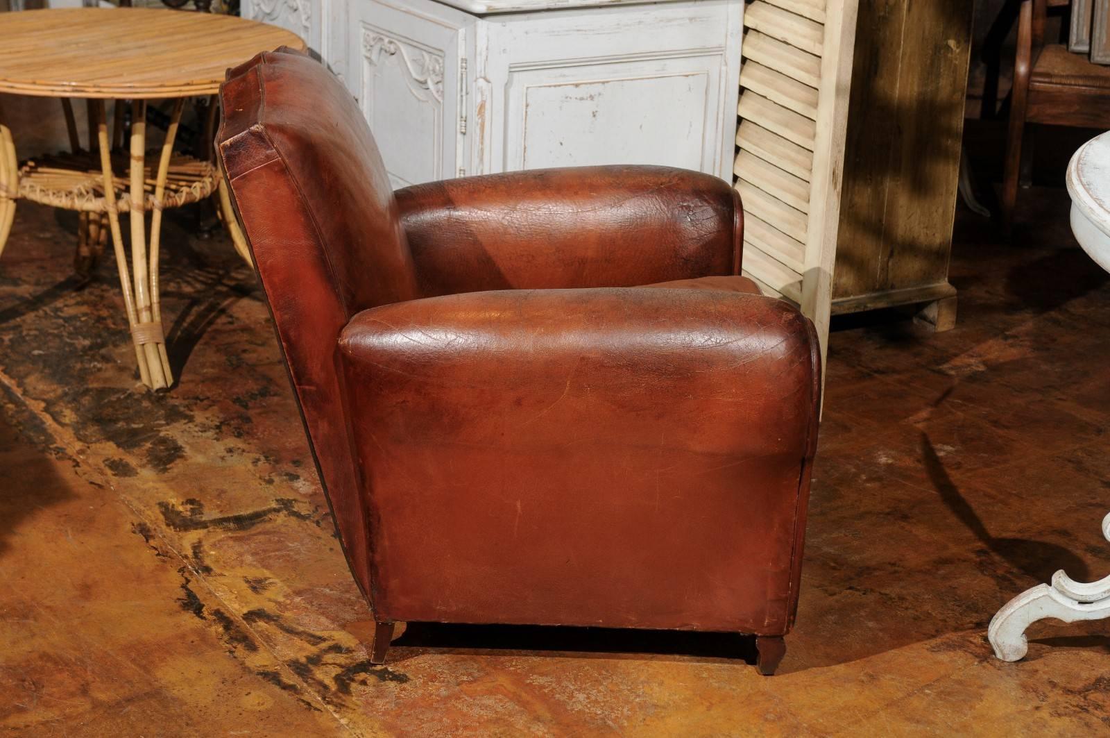 Pair of French Leather Club Chairs with Brown Velvet Seat Cushions, circa 1910 In Good Condition For Sale In Atlanta, GA