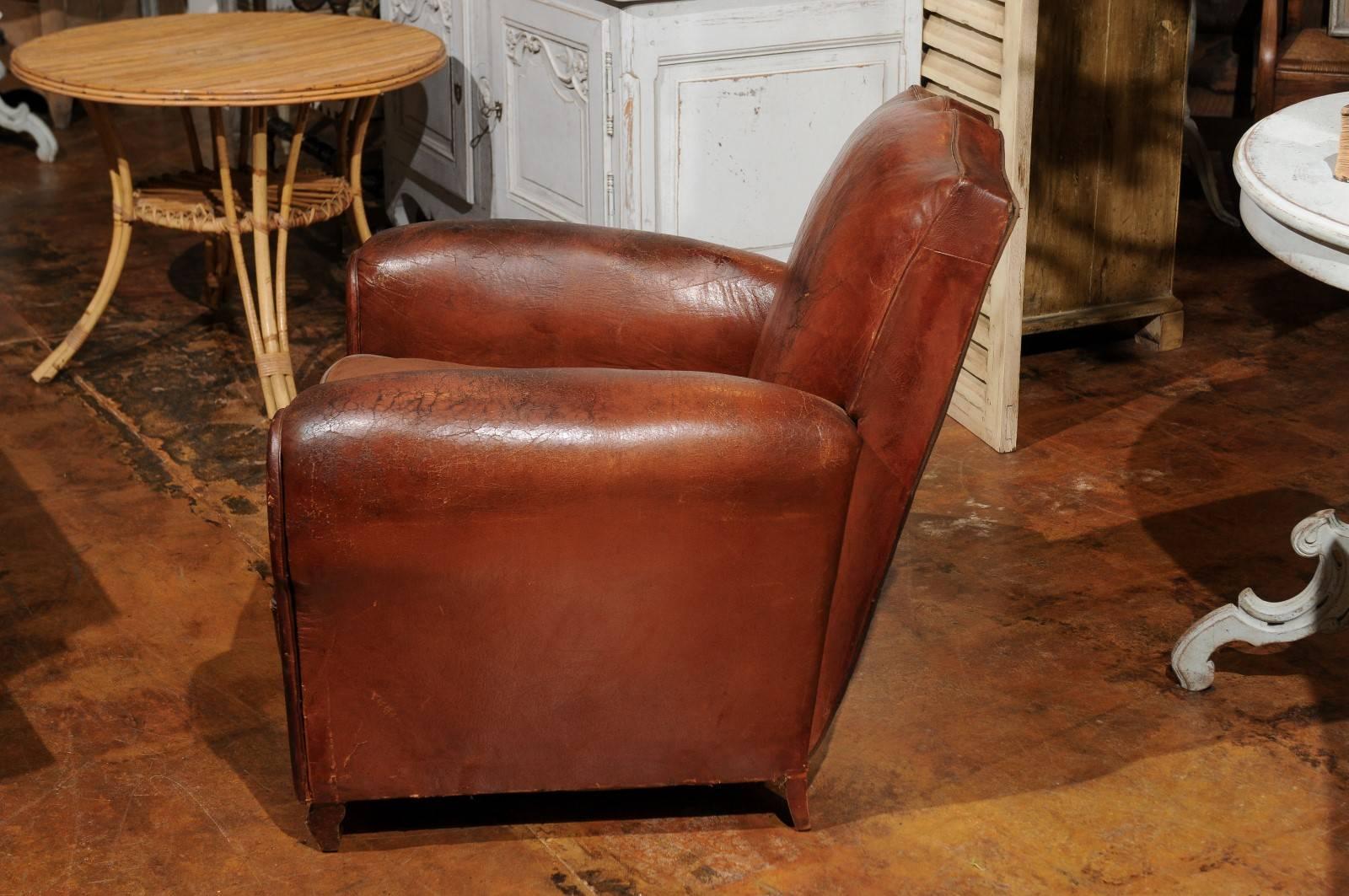 Pair of French Leather Club Chairs with Brown Velvet Seat Cushions, circa 1910 For Sale 2