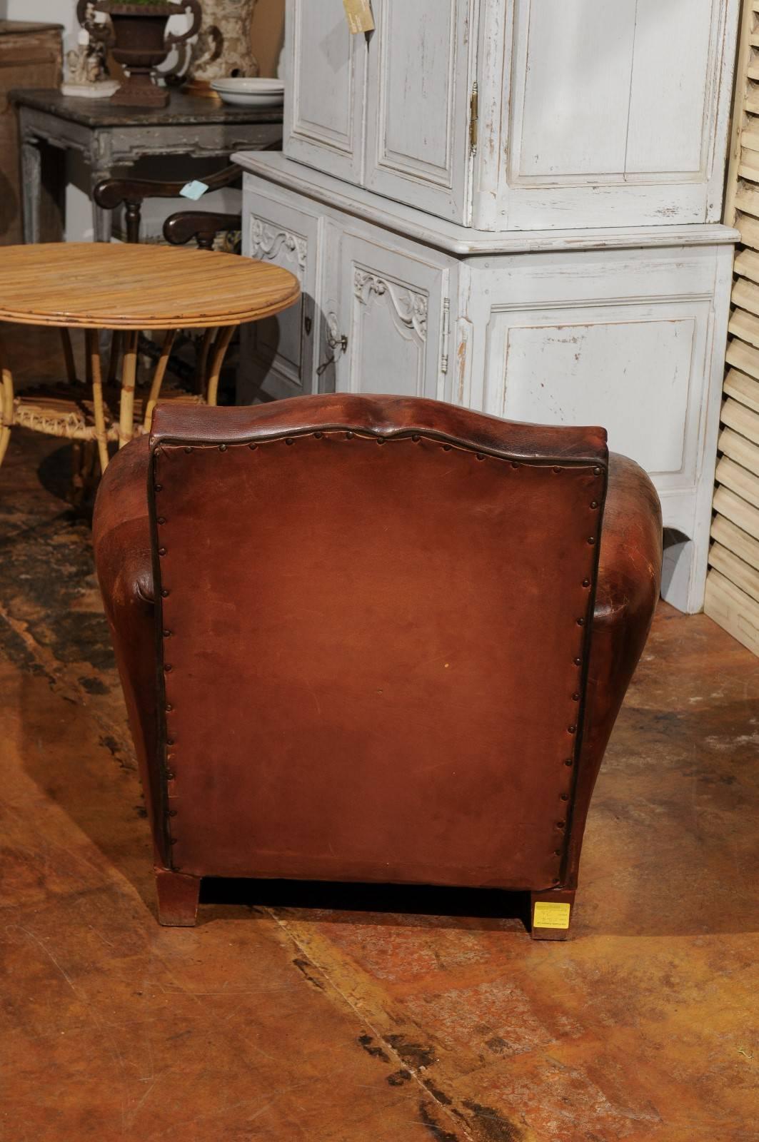 Pair of French Leather Club Chairs with Brown Velvet Seat Cushions, circa 1910 For Sale 3