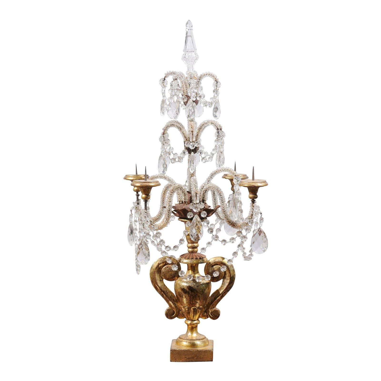 Italian Neoclassical Style Giltwood and Crystal Girandole from the 1890s