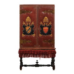 Antique 1920s French Leather Armoire on Stand with Tacks and Armorial Crests