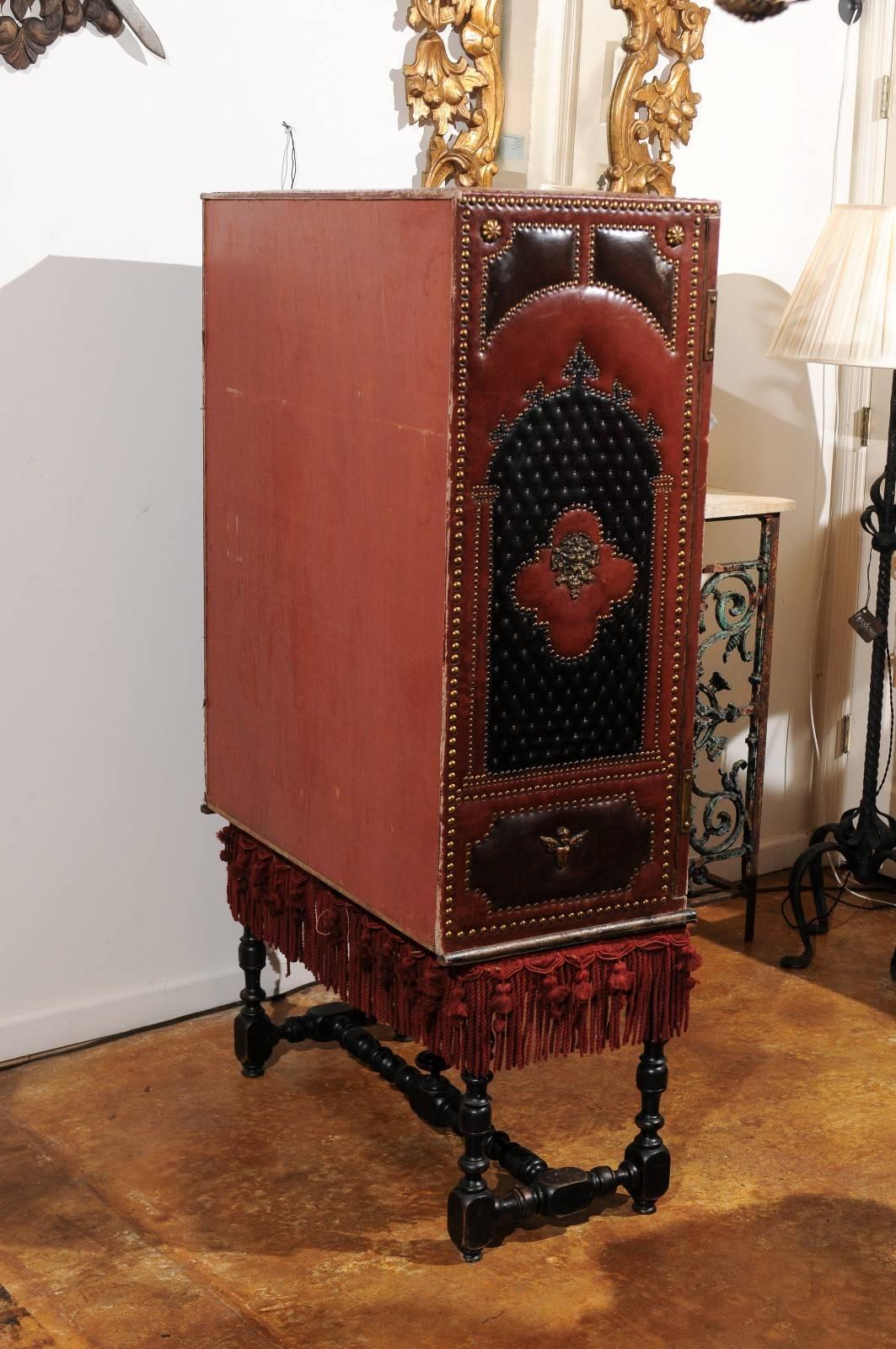 1920s French Leather Armoire on Stand with Tacks and Armorial Crests 5
