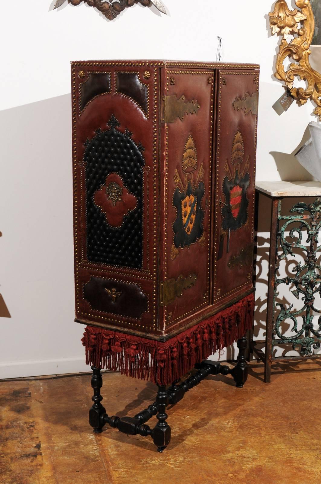 1920s French Leather Armoire on Stand with Tacks and Armorial Crests 4
