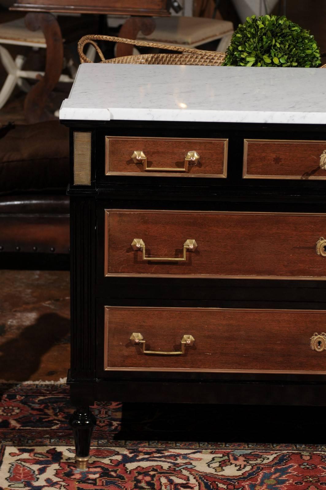 French 1920s Directoire Style Ebonized Wood and Marble Top Three-Drawer Commode In Good Condition In Atlanta, GA