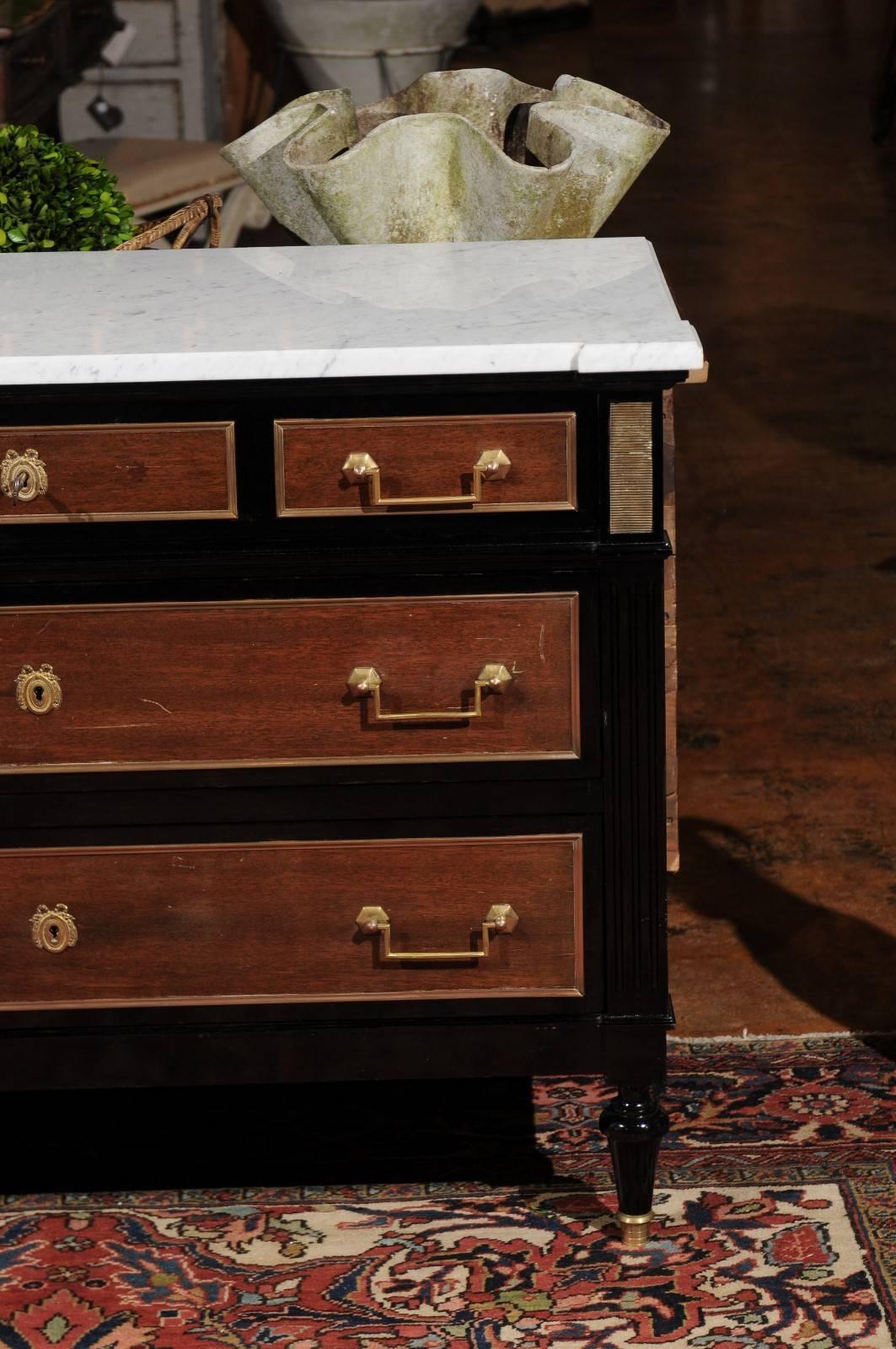 20th Century French 1920s Directoire Style Ebonized Wood and Marble Top Three-Drawer Commode
