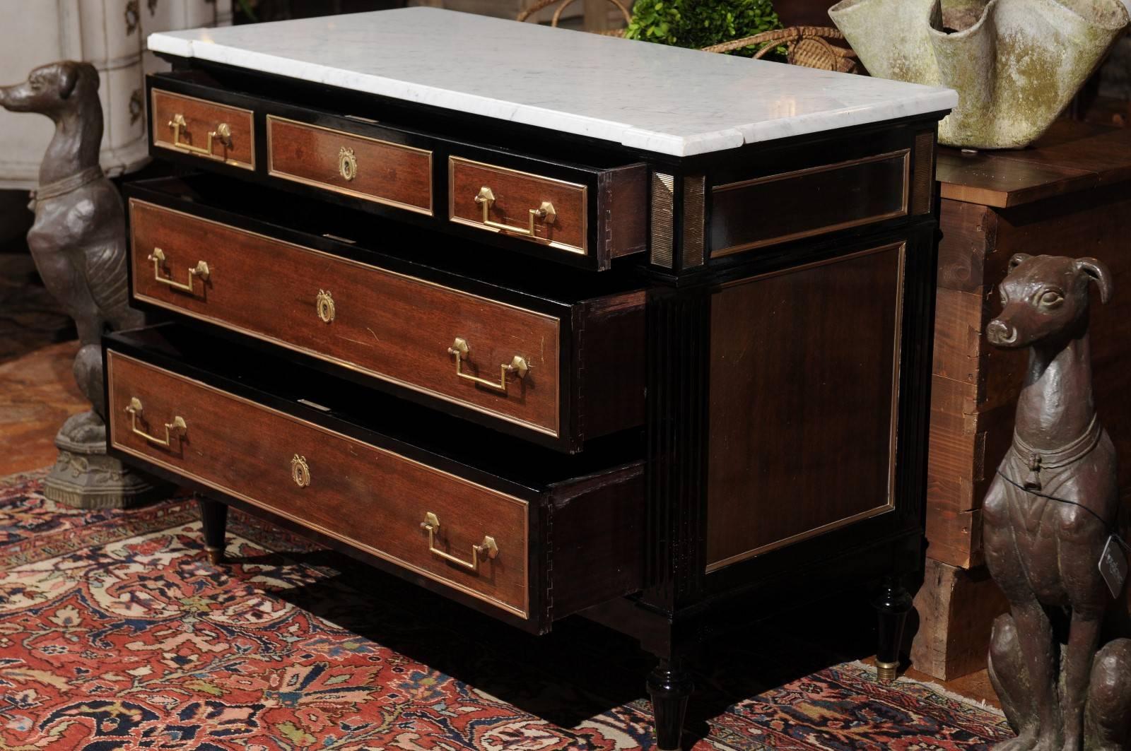 French 1920s Directoire Style Ebonized Wood and Marble Top Three-Drawer Commode 4