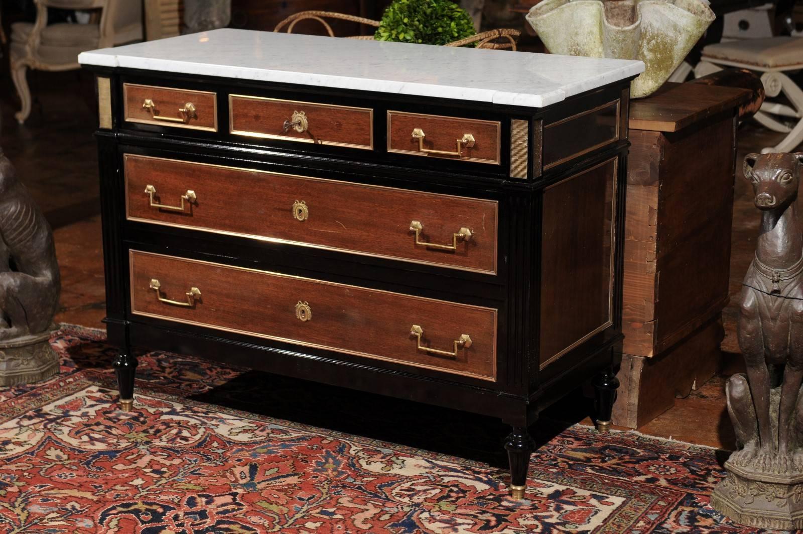 French 1920s Directoire Style Ebonized Wood and Marble Top Three-Drawer Commode 1