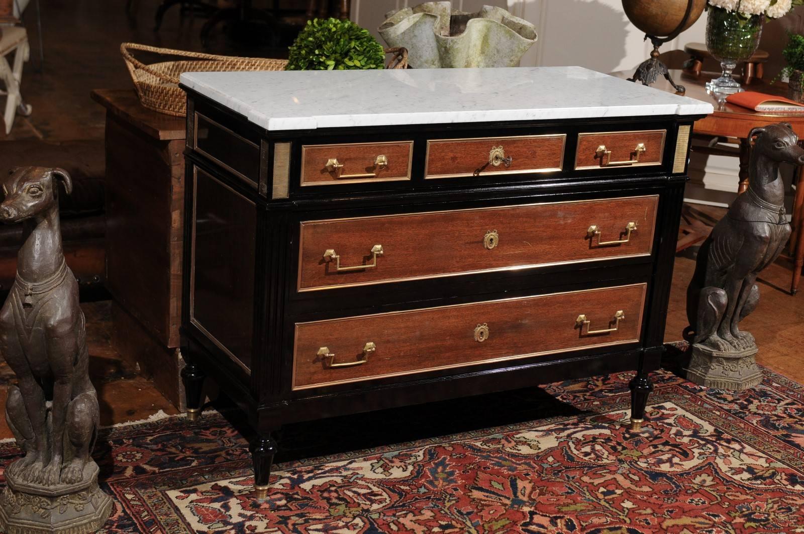French 1920s Directoire Style Ebonized Wood and Marble Top Three-Drawer Commode 2