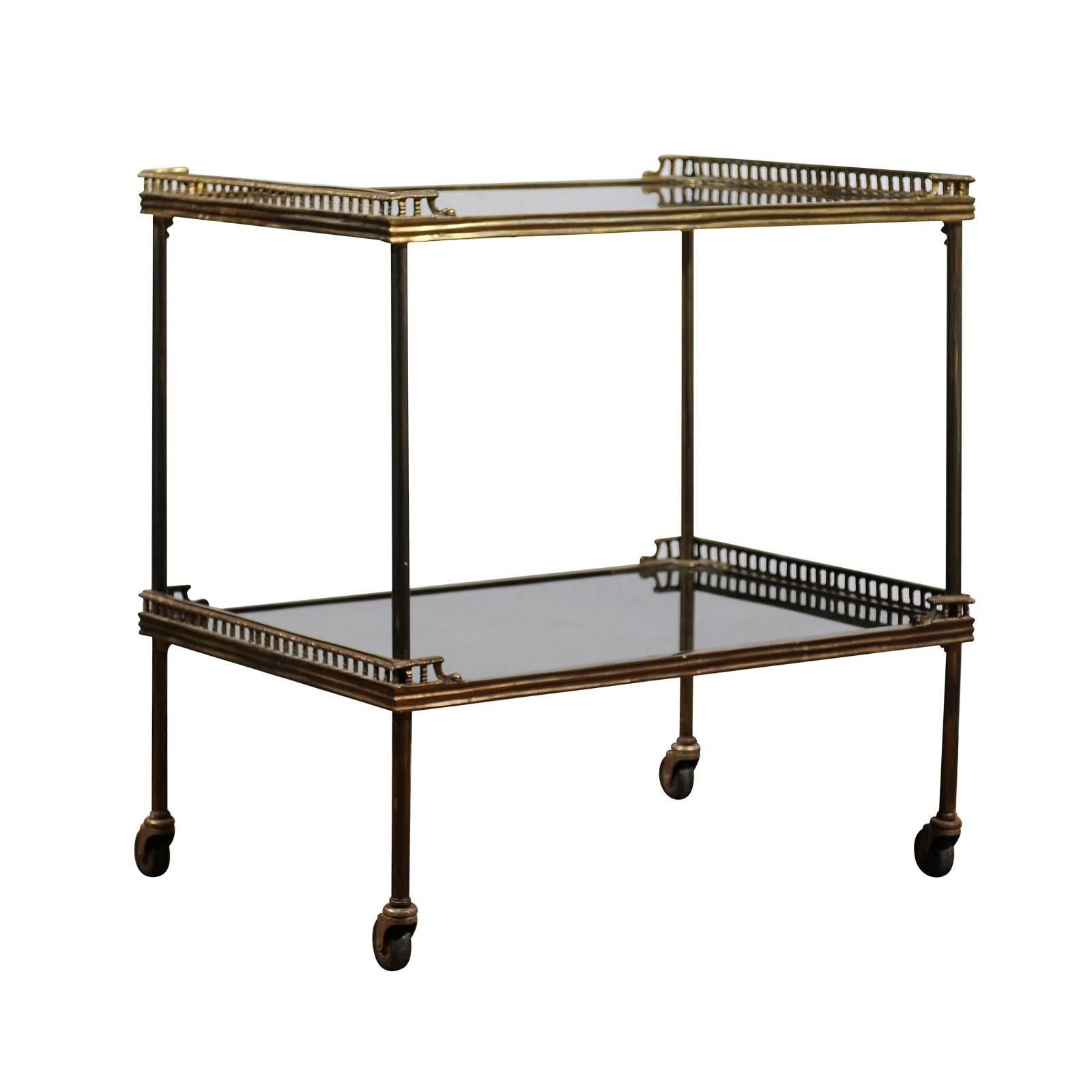 Continental Tiered Brass Trolley on Casters with Mirrored Shelves, circa 1900 2