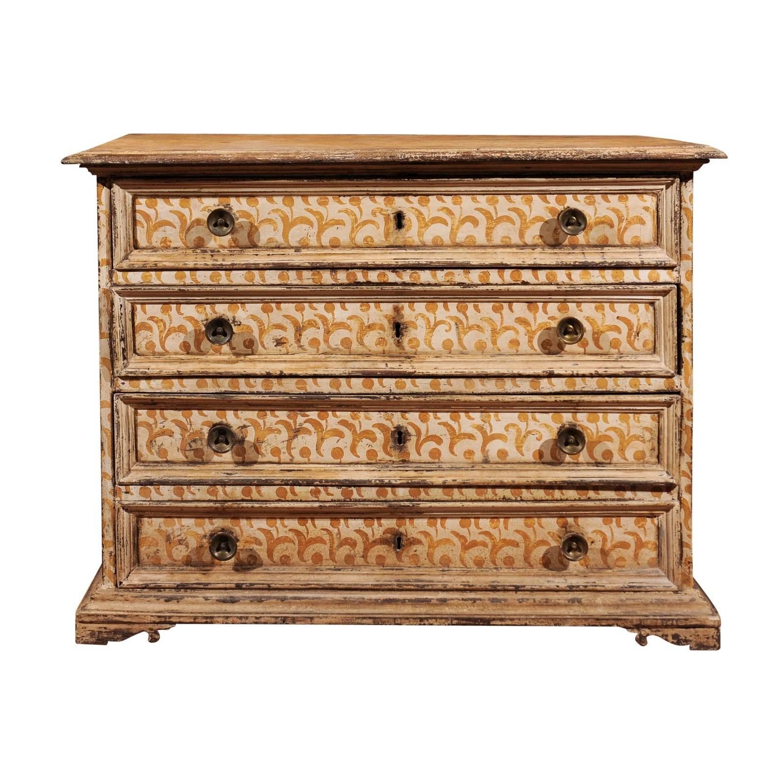 17th Century Florentine Tall Four-Drawer Commode with Painted Floral Motifs