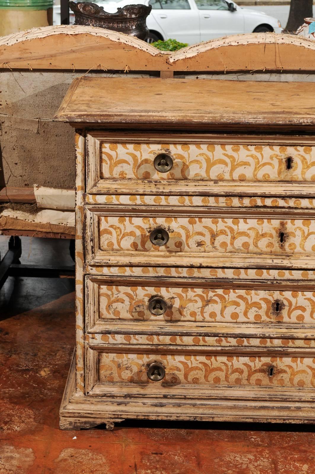 Italian 17th Century Florentine Tall Four-Drawer Commode with Painted Floral Motifs