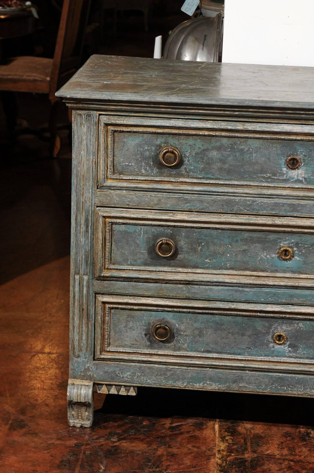 19th Century Swedish 1820s Neoclassical Blue Painted Pine Three-Drawer Chest with Corbel Feet