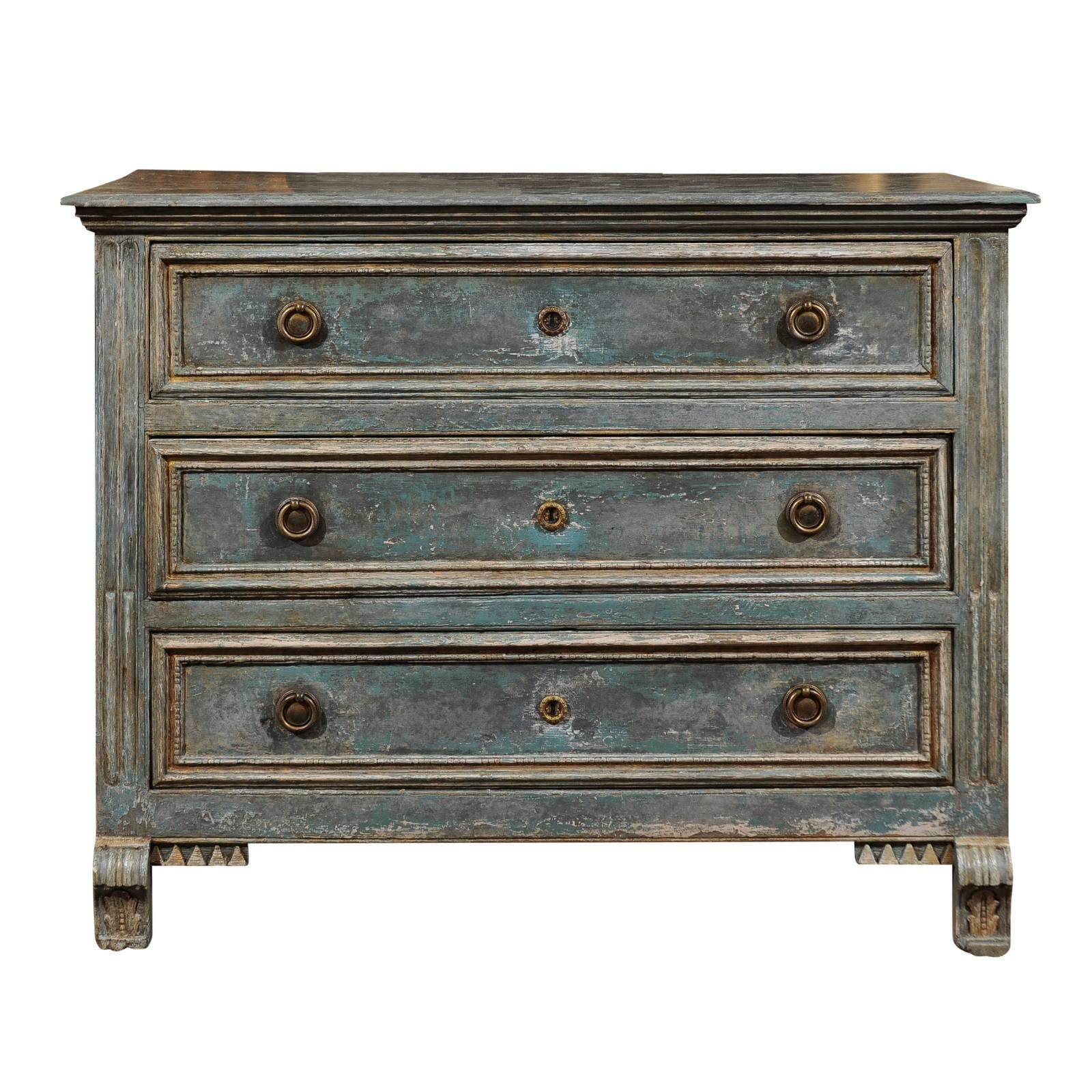 Swedish 1820s Neoclassical Blue Painted Pine Three-Drawer Chest with Corbel Feet