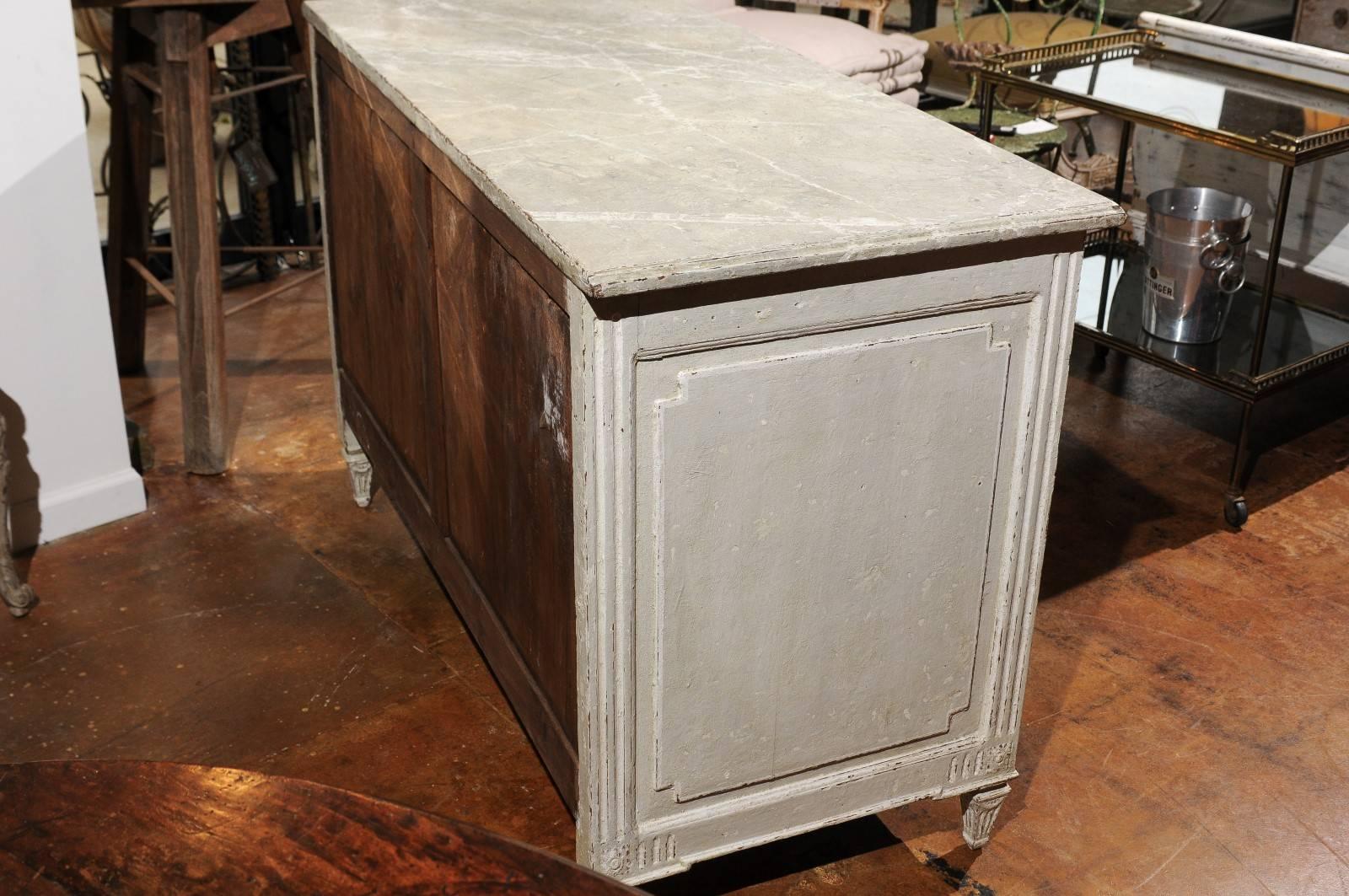 French Painted Pine Three-Drawer Commode with Marbleized Top and Fluted Accents 5