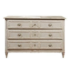 French Painted Pine Three-Drawer Commode with Marbleized Top and Fluted Accents