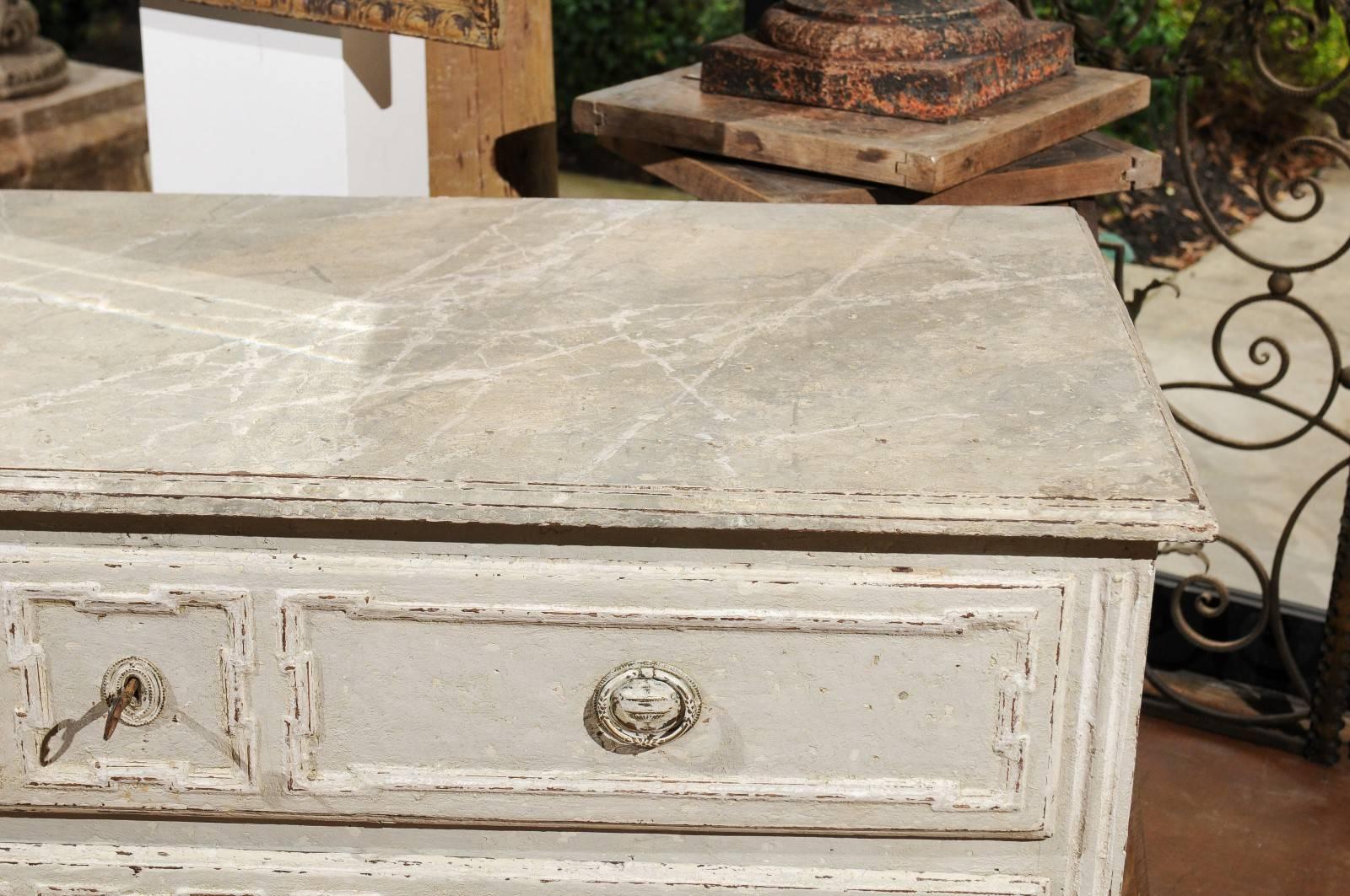 French Painted Pine Three-Drawer Commode with Marbleized Top and Fluted Accents 1