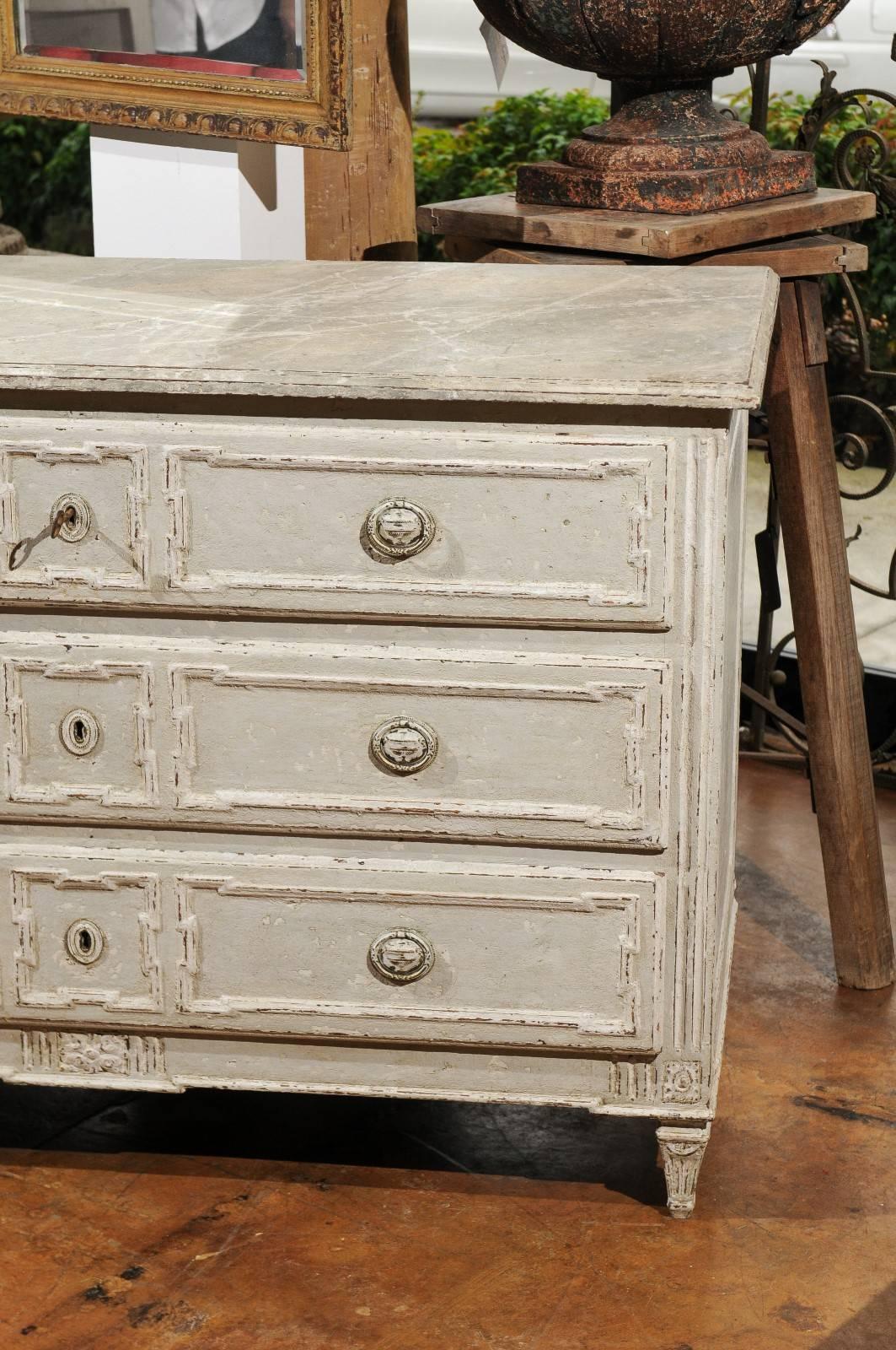 20th Century French Painted Pine Three-Drawer Commode with Marbleized Top and Fluted Accents