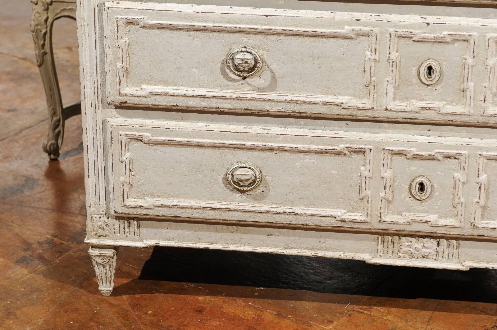 French Painted Pine Three-Drawer Commode with Marbleized Top and Fluted Accents 2
