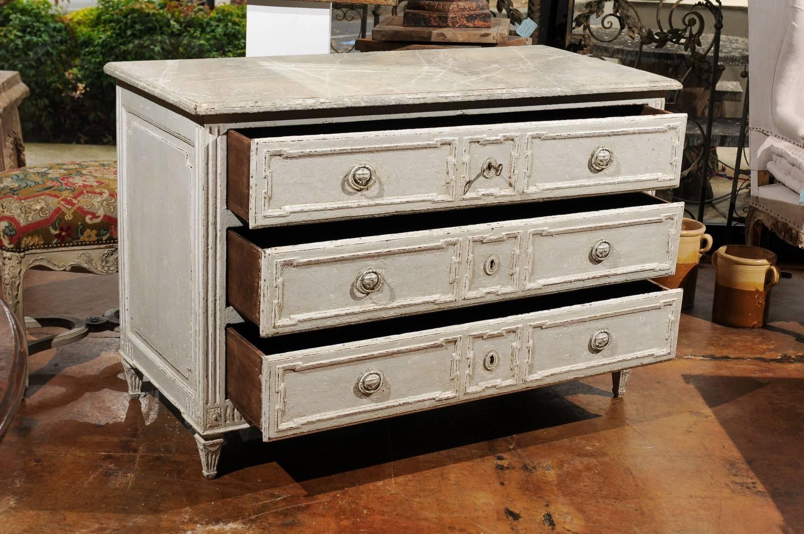 French Painted Pine Three-Drawer Commode with Marbleized Top and Fluted Accents 3