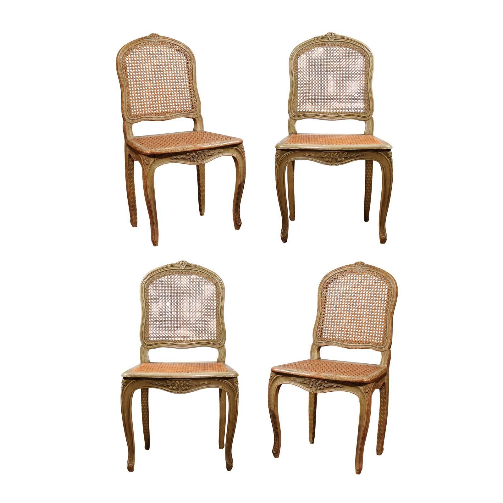 Set of Four French Louis XV Style Dining Room Chairs with Cane Upholstery, 1880s