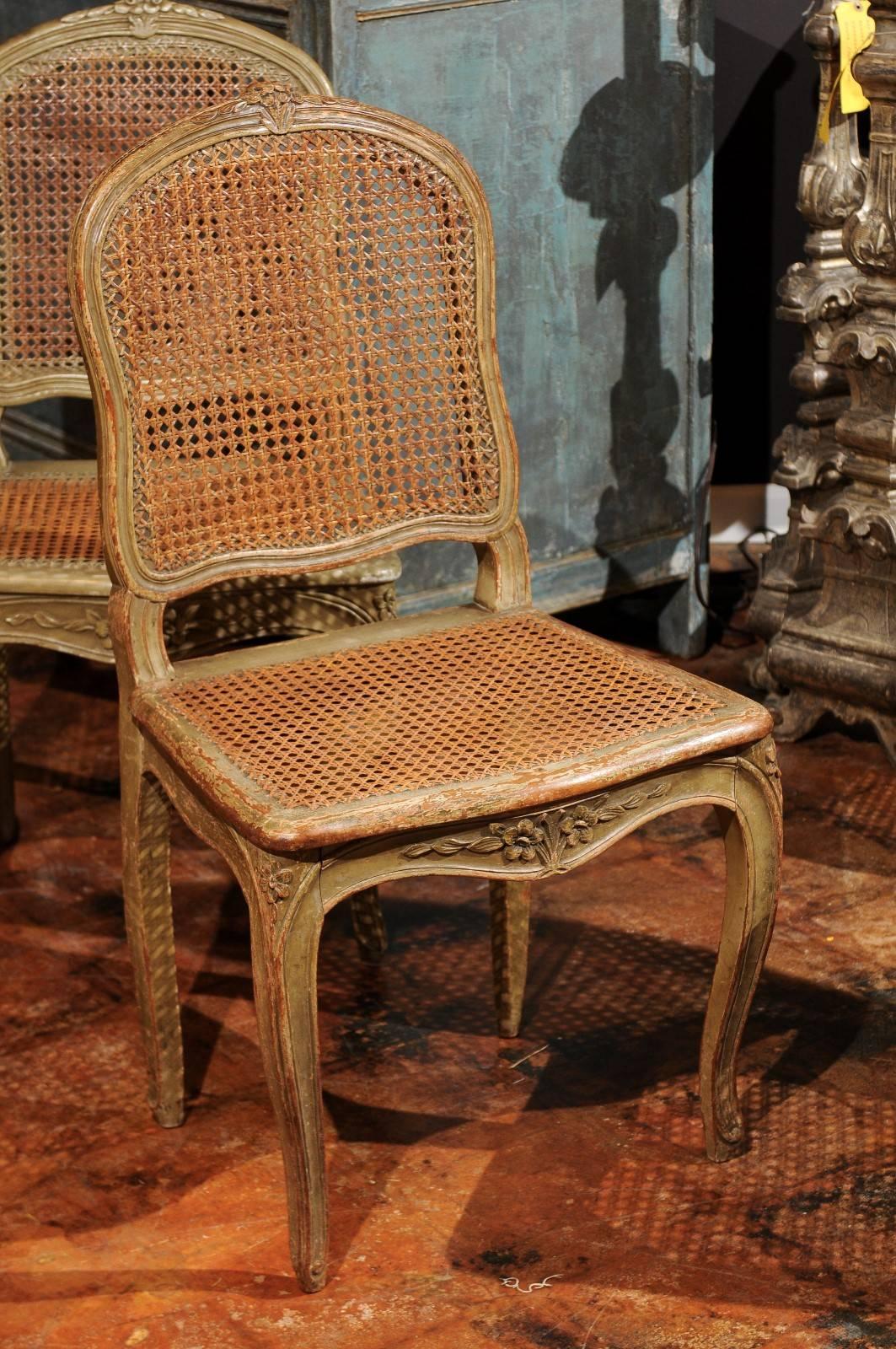 19th Century Set of Four French Louis XV Style Dining Room Chairs with Cane Upholstery, 1880s