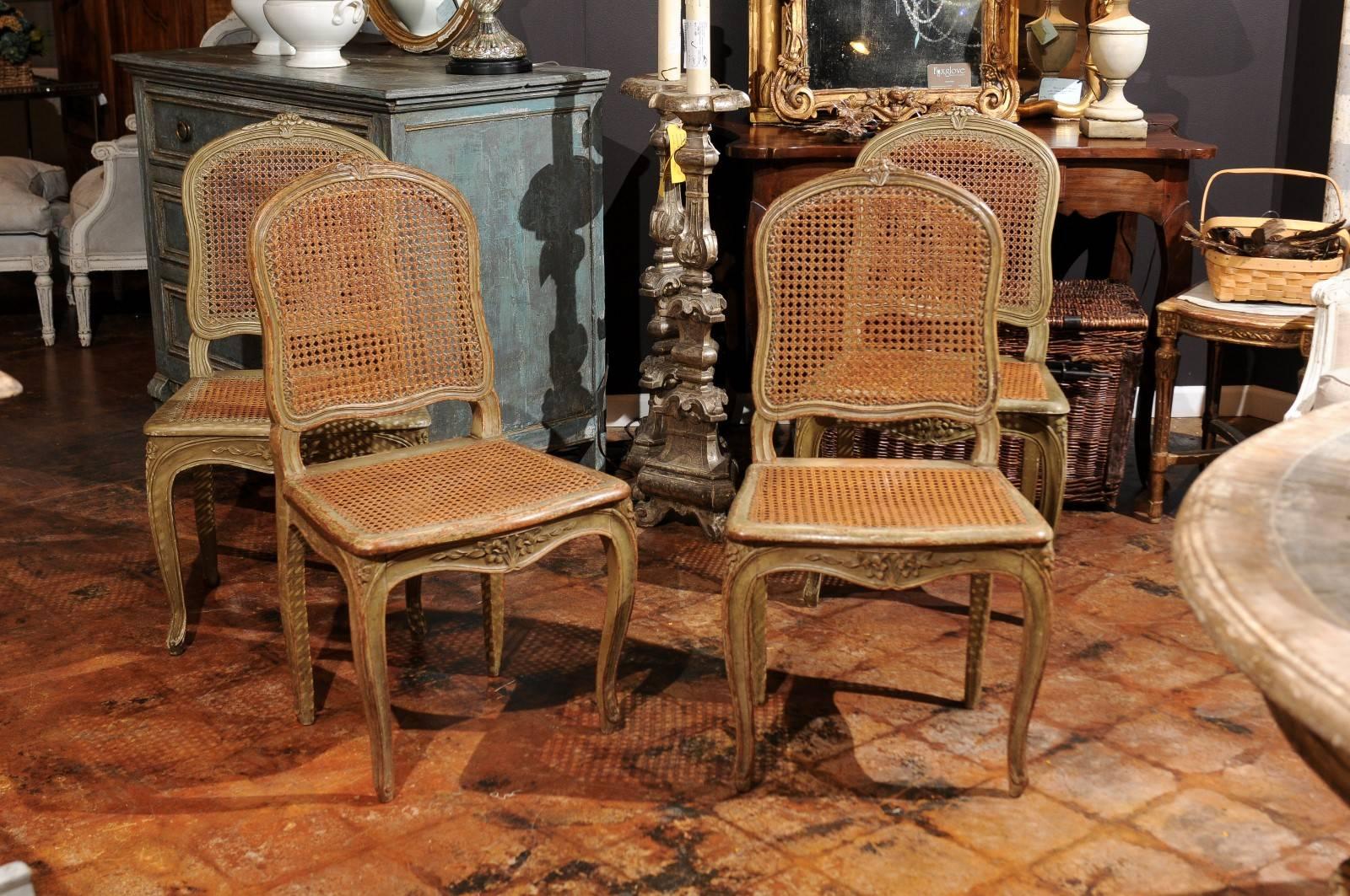 Painted Set of Four French Louis XV Style Dining Room Chairs with Cane Upholstery, 1880s
