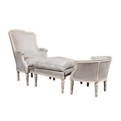 French 1880s Louis XVI Style Painted Duchesse Brisée with Light Grey Upholstery