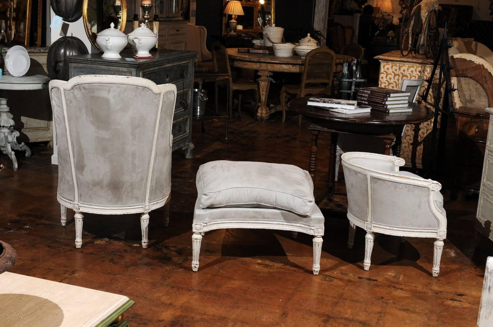 French 1880s Louis XVI Style Painted Duchesse Brisée with Light Grey Upholstery 5