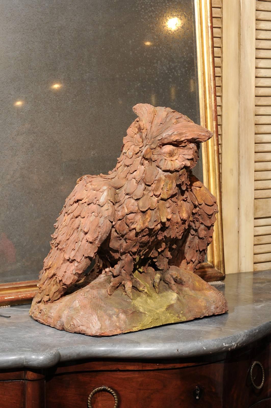 Italian Contemporary Terracotta Sculpture of an Eagle-Owl with Expressive Face In Good Condition In Atlanta, GA