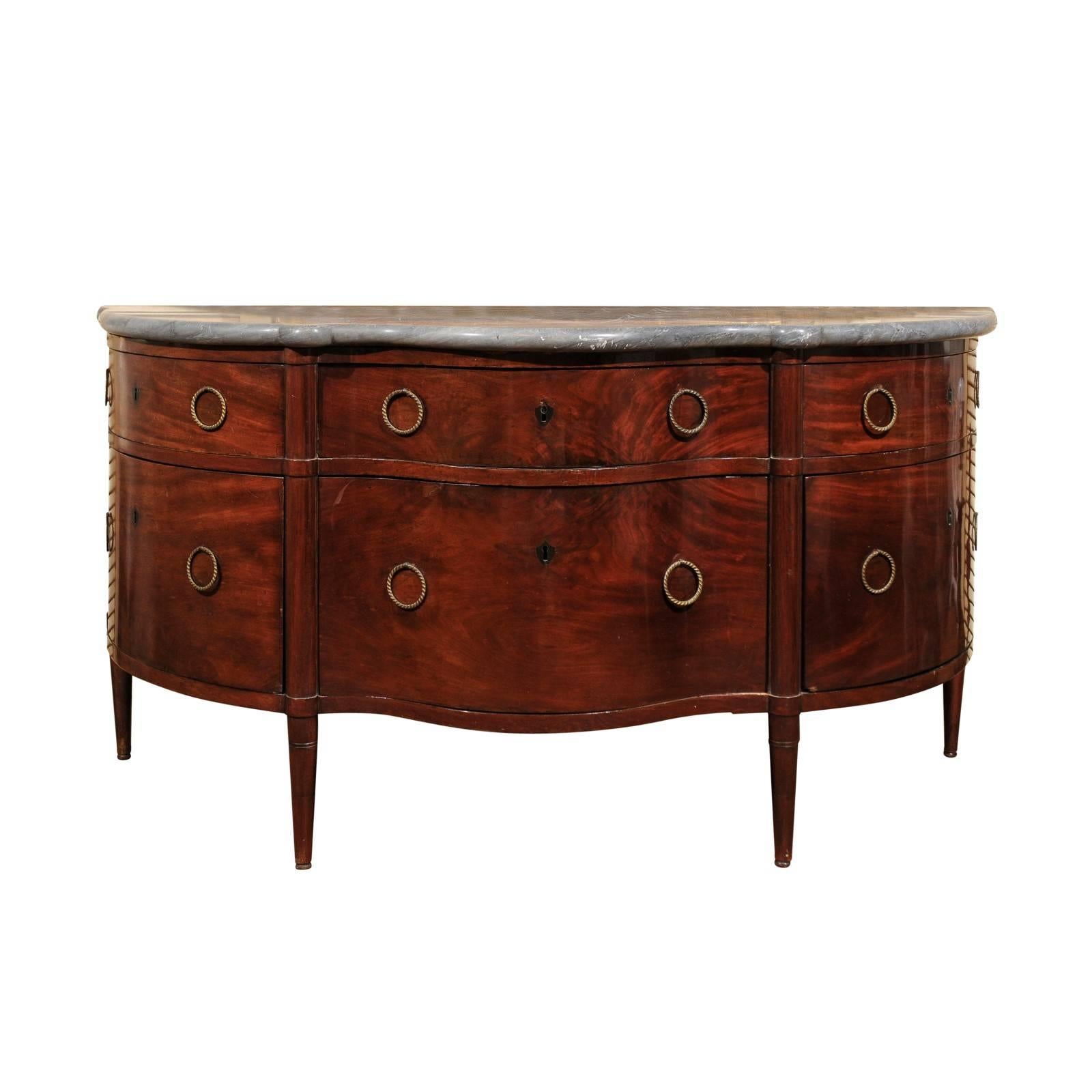 Italian Flaming Mahogany Buffet with Rounded Corners and Fold out Drawers, 1850s