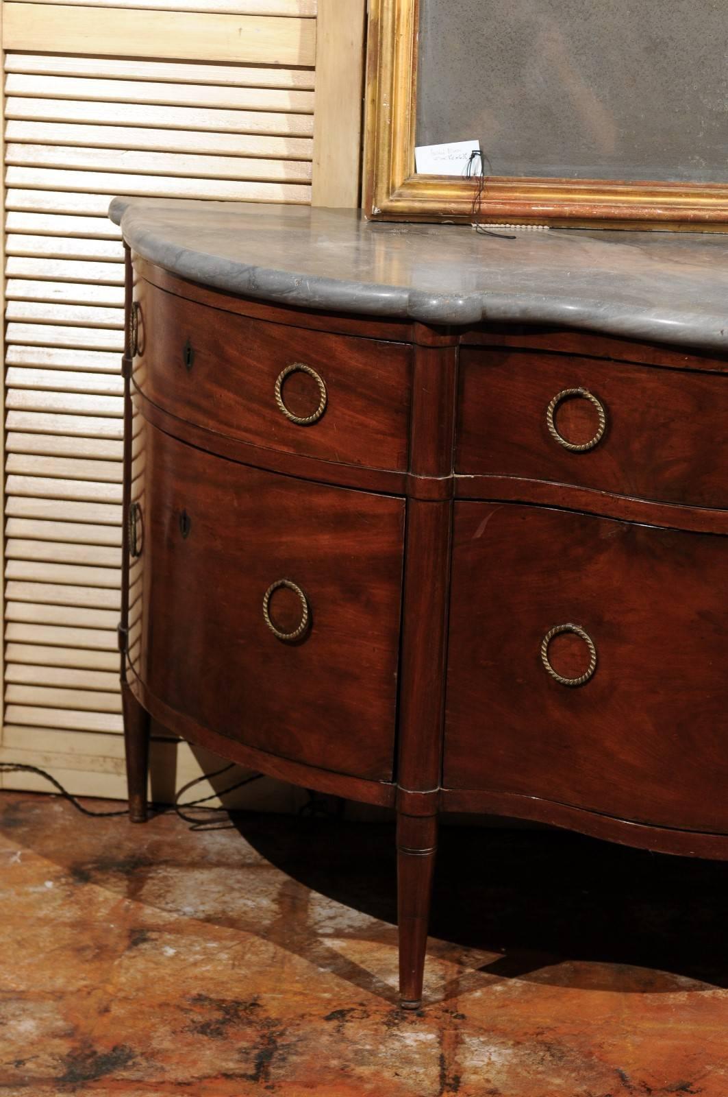 Veneer Italian Flaming Mahogany Buffet with Rounded Corners and Fold out Drawers, 1850s