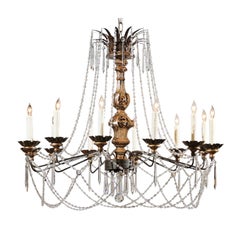 Antique 1780s Italian 12-Light Crystal Chandelier with Altar Stick and Prisms