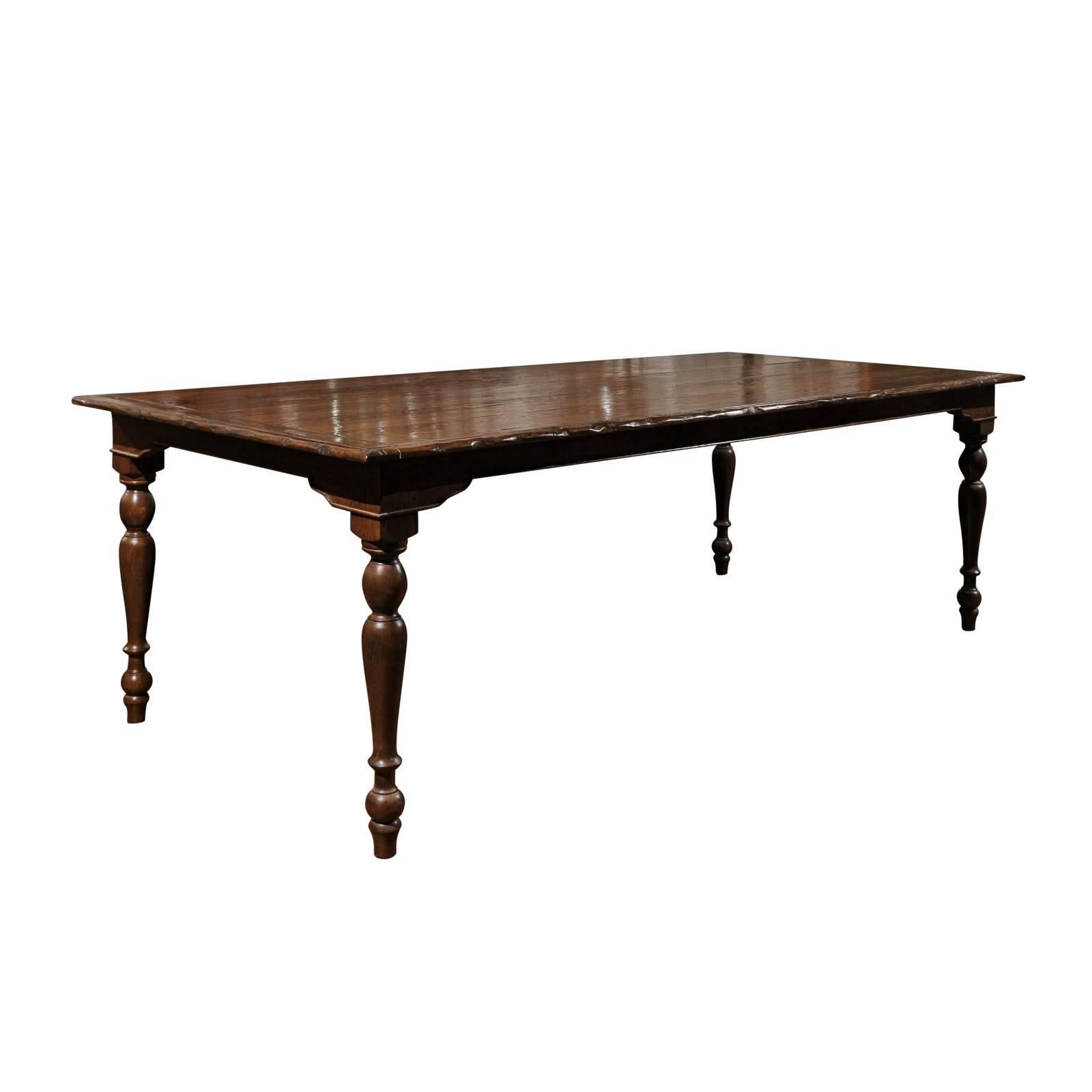 American Customizable Dining Room Farm Table with Planked Top and Turned Legs For Sale