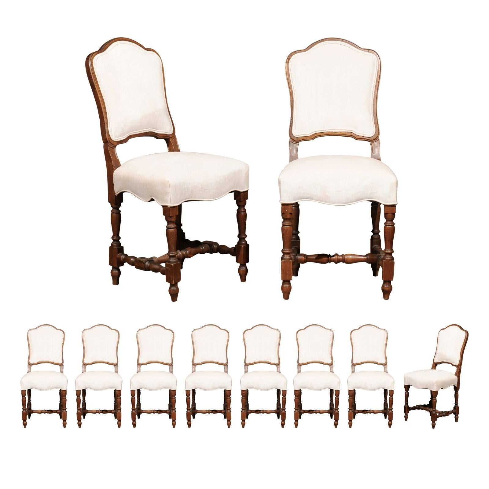 Set of Ten French Chaises à La Reine with Turned Legs with New Upholstery, 1880s