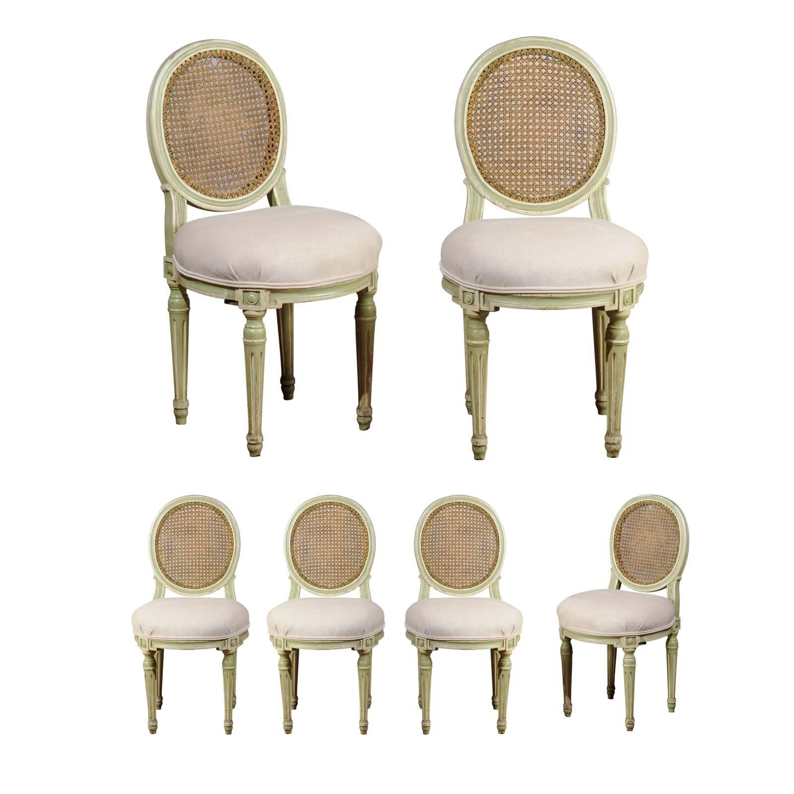Set of Six French Louis XVI Style Painted Dining Chairs with Cane Backs, 1880s