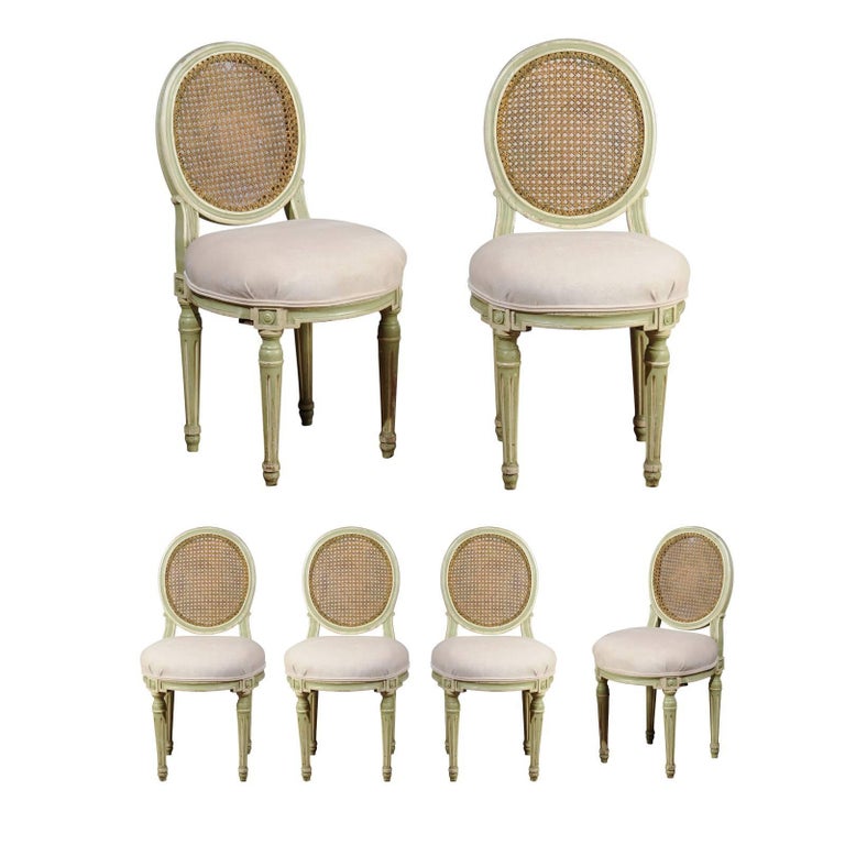 Set of Six French Louis XVI Style Painted Dining Chairs with Cane Backs
