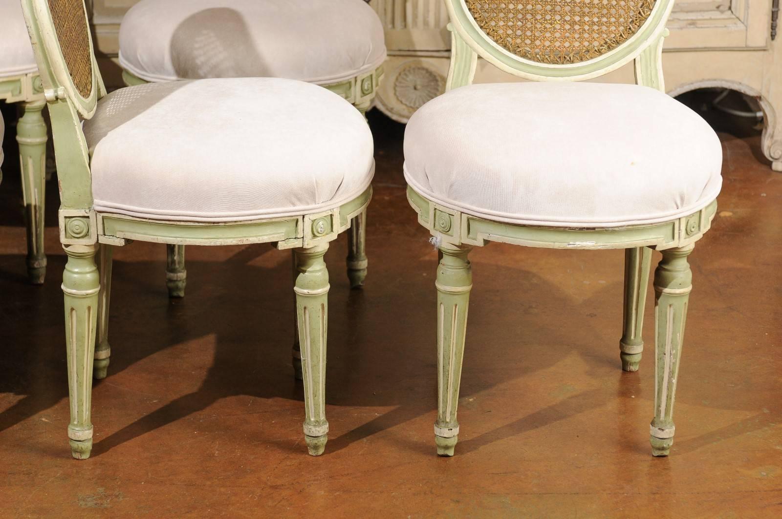 Set of Six French Louis XVI Style Painted Dining Chairs with Cane Backs, 1880s 3