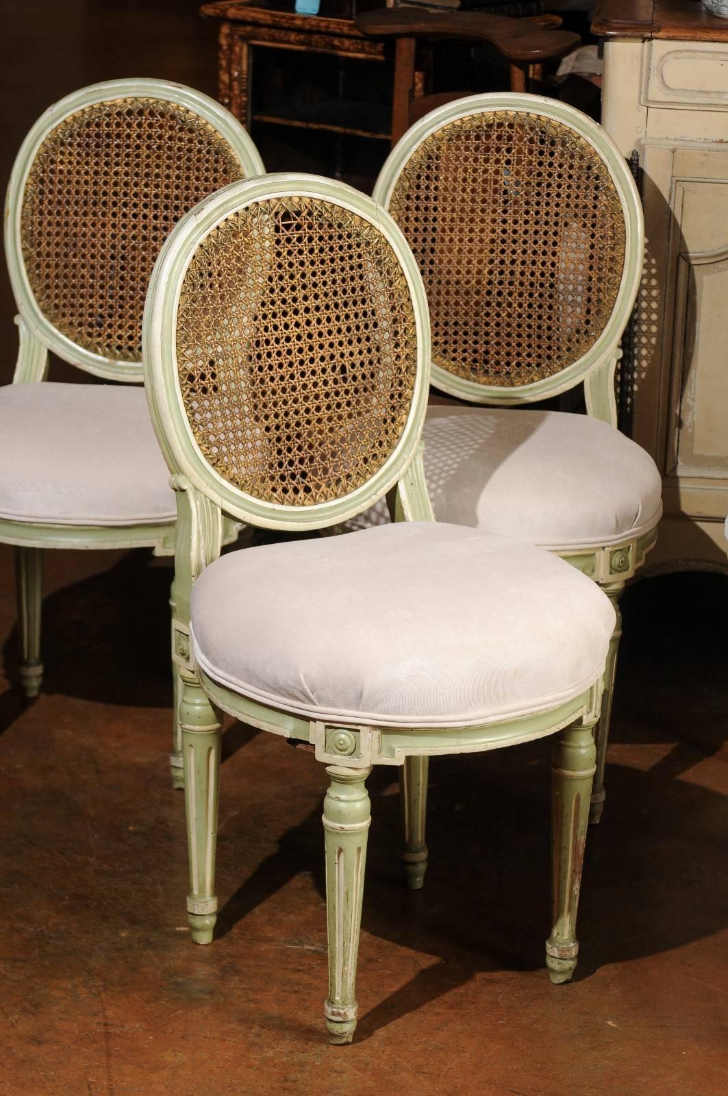 Wood Set of Six French Louis XVI Style Painted Dining Chairs with Cane Backs, 1880s