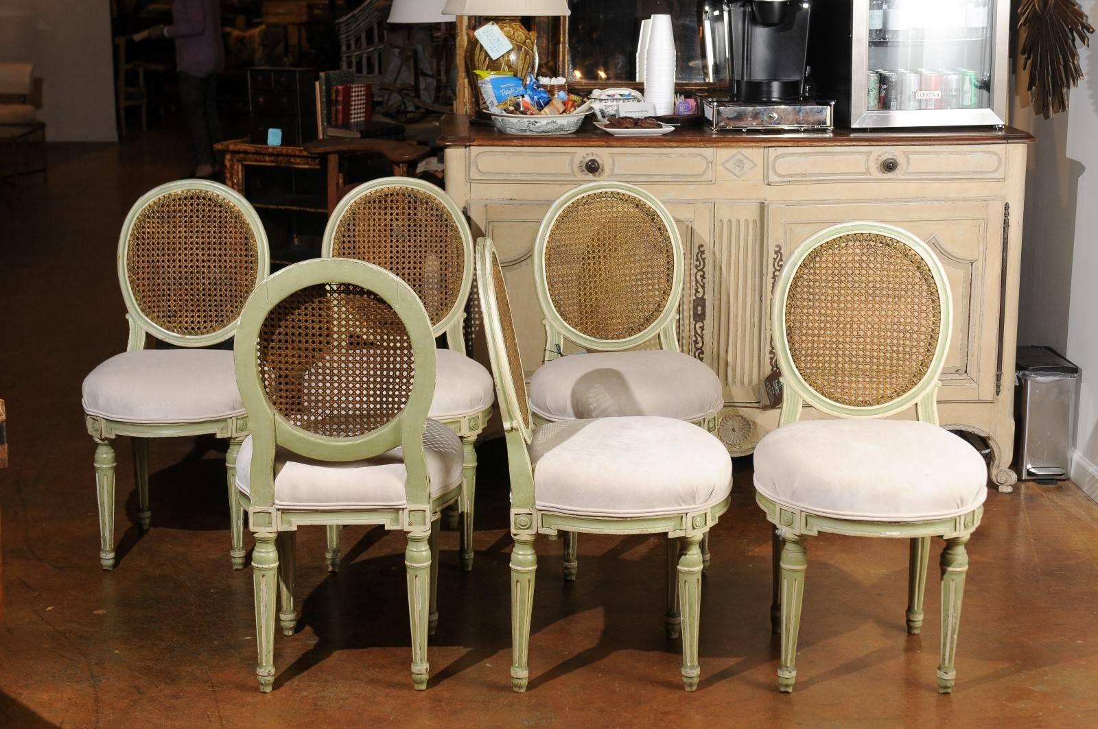 Set of Six French Louis XVI Style Painted Dining Chairs with Cane Backs, 1880s 2