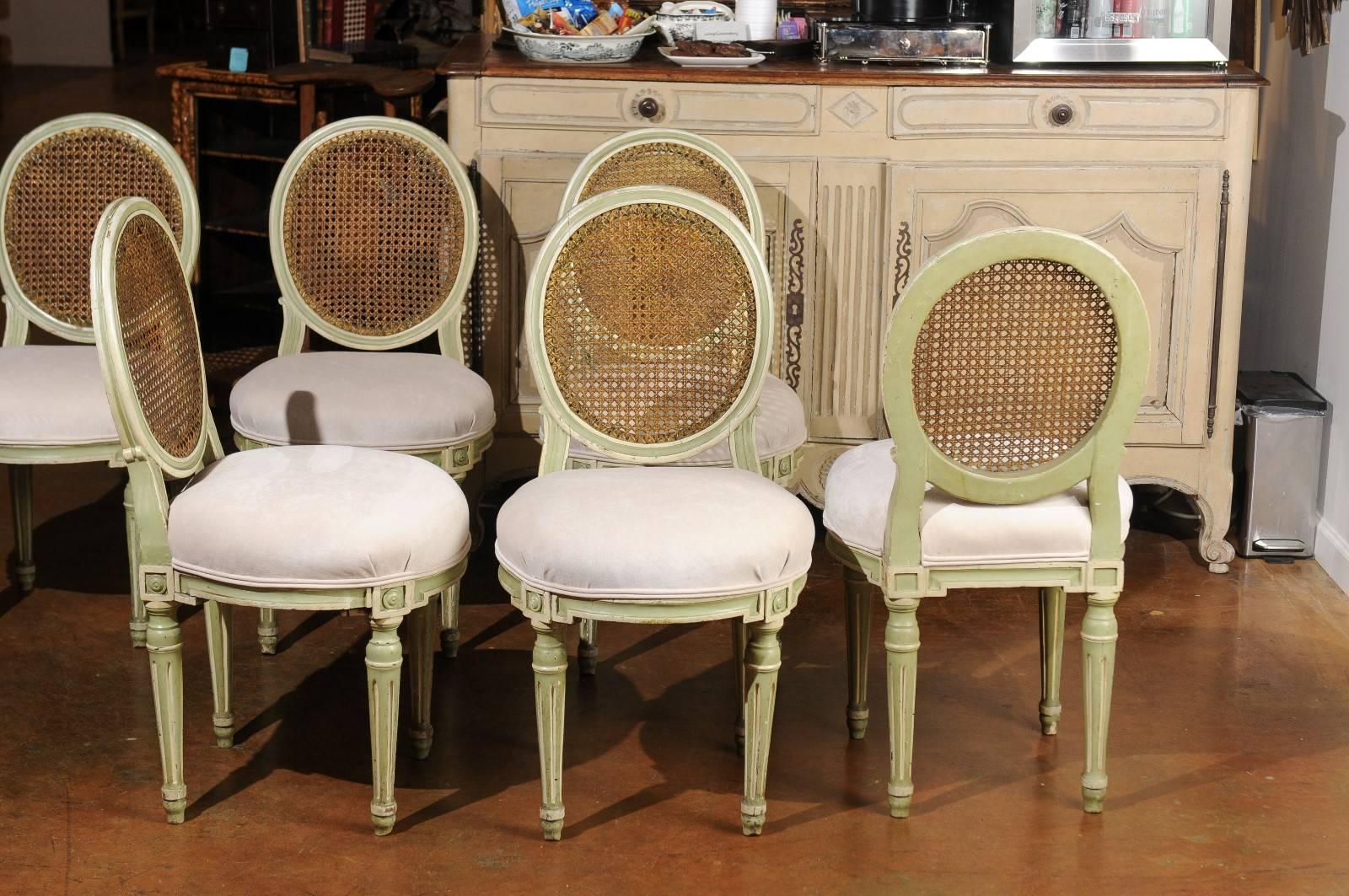 Set of Six French Louis XVI Style Painted Dining Chairs with Cane Backs, 1880s 1