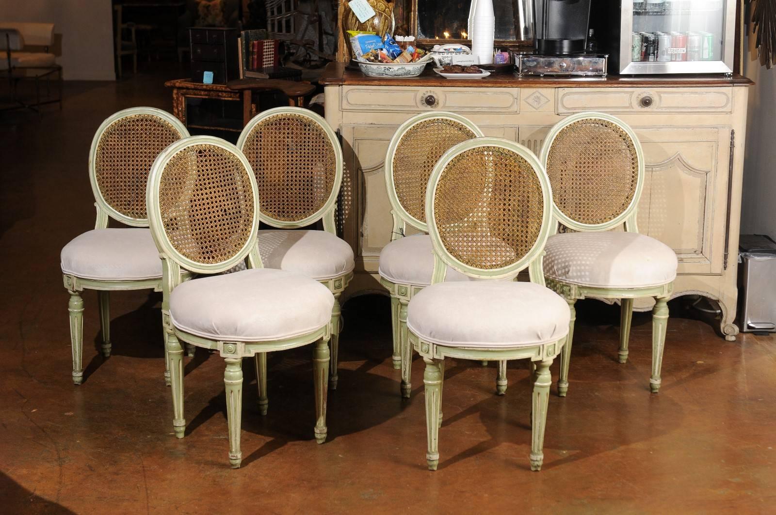 Set of Six French Louis XVI Style Painted Dining Chairs with Cane Backs, 1880s In Good Condition In Atlanta, GA