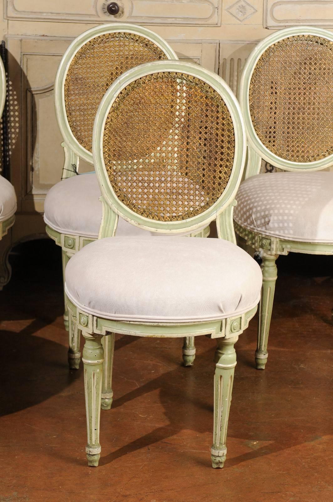 19th Century Set of Six French Louis XVI Style Painted Dining Chairs with Cane Backs, 1880s