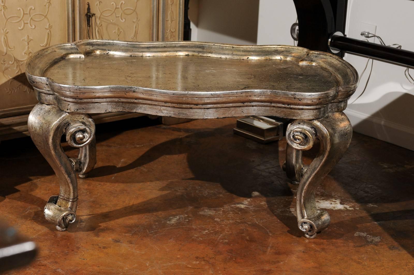 Vintage Italian Rococo Style Silver Leaf Painted Coffee Table from the 1950s For Sale 1