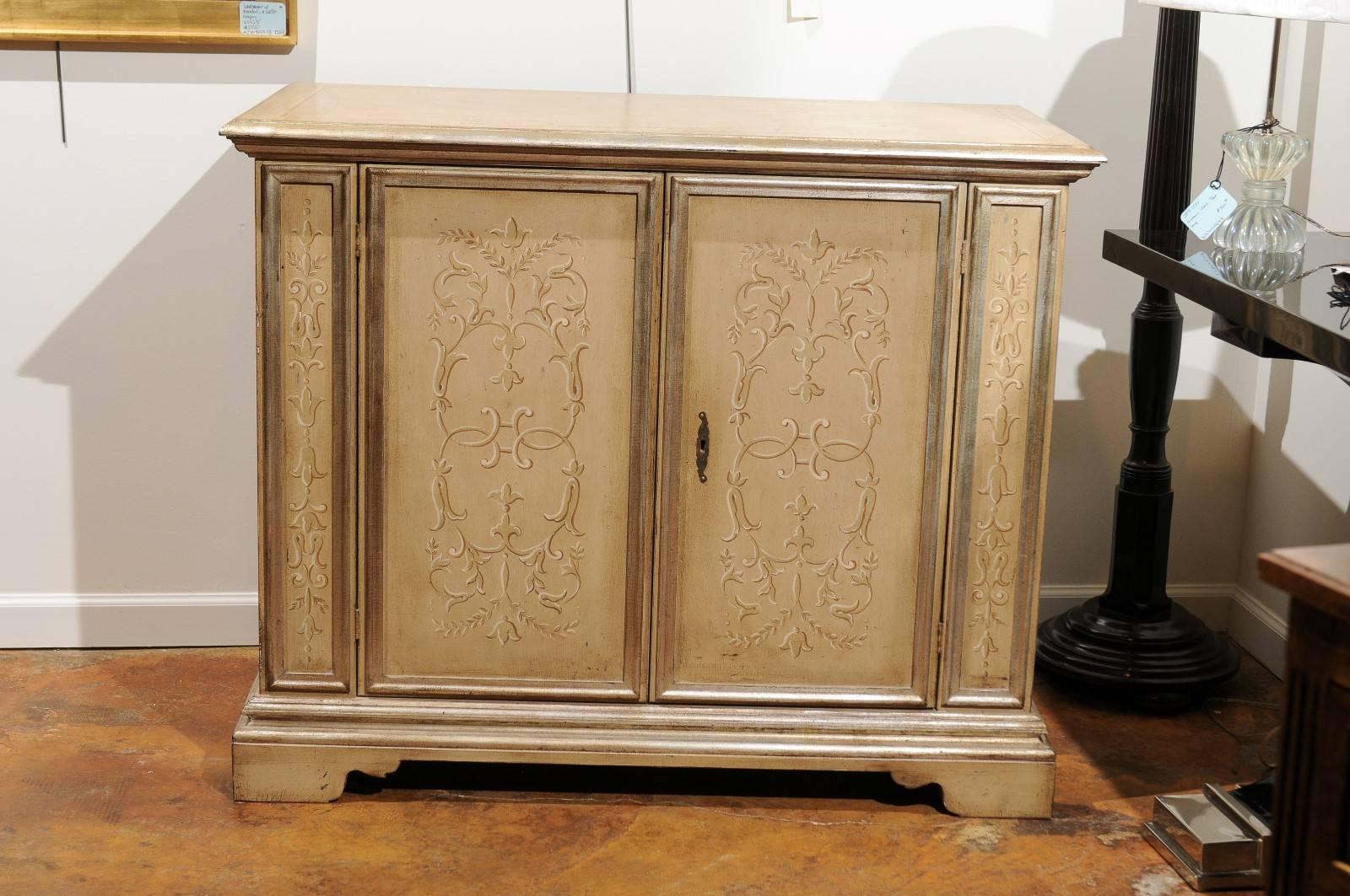 Hand-painted by Tuscan and local artisans, the painted Novella sink base cabinet bears striking resemblance to 200-year-old cabinets and is a stunning addition to any room. Combined with gesso, gilding, and distressing, medium layers of pigment are