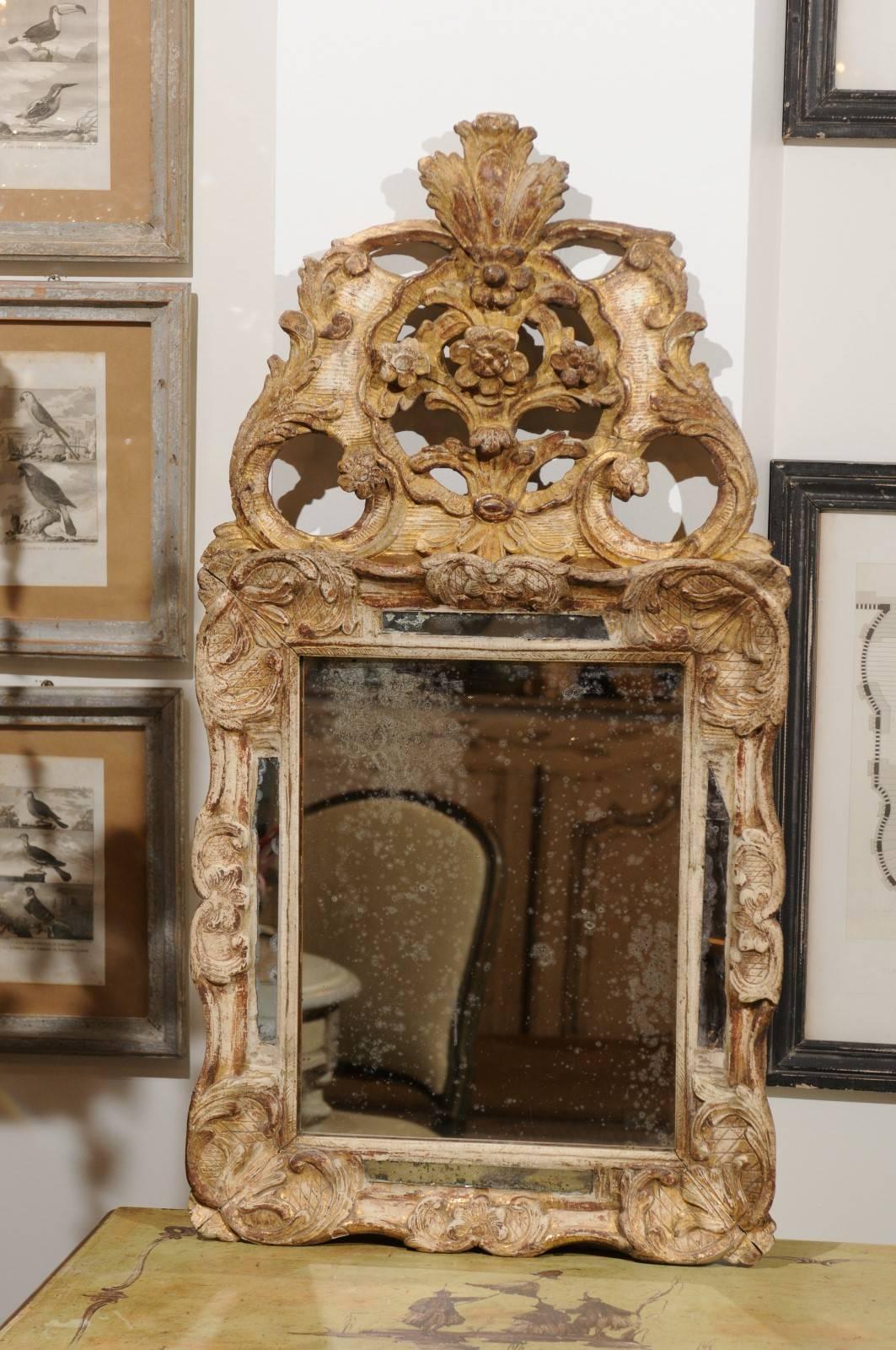 French Louis XV Style 1850s Gilt and Painted Wood Mirror with Carved Crest 3