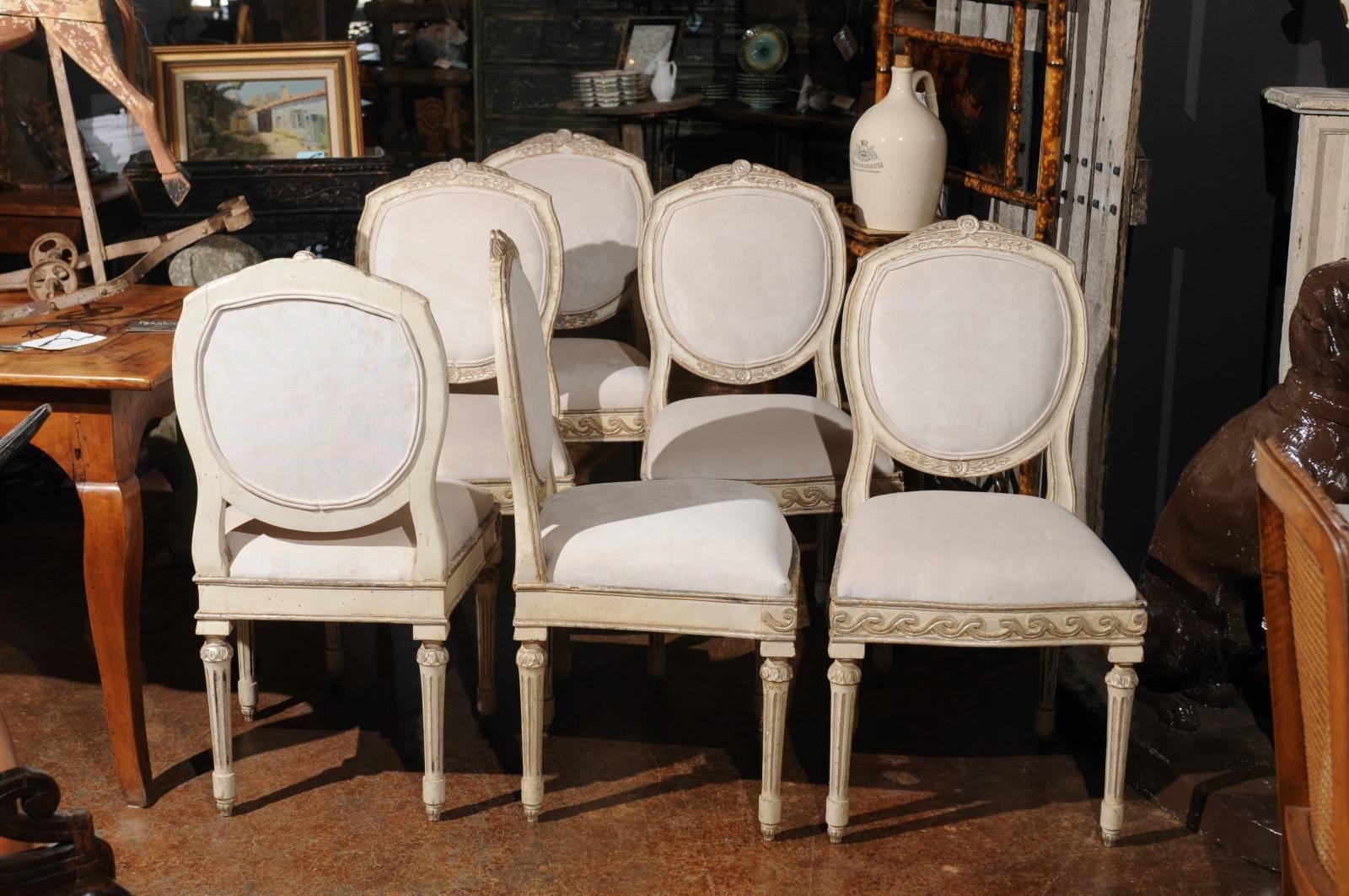 19th Century Set of Six French Neoclassical Silver Gilt Dining Chairs with Vitruvian Scroll For Sale